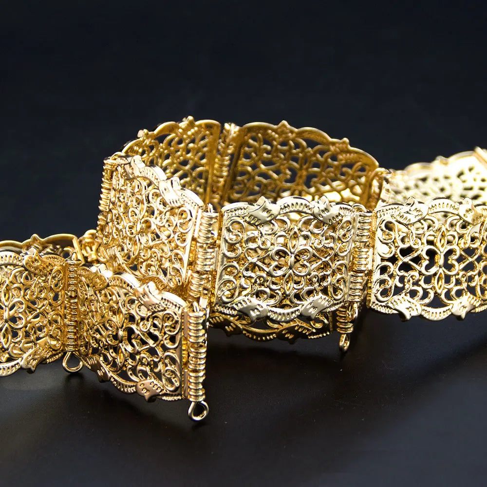 Gold Color Morocco Style Bridal Wedding Belt For Women Crystal Hollow Arabesque Caftan Waist Belt Adjustable Length