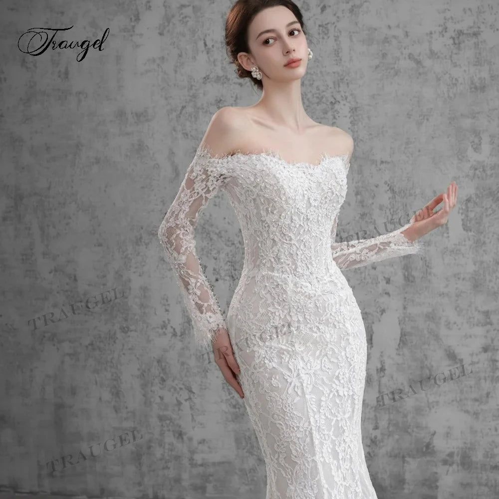Traugel Elegant Strapless Long Sleeve Lace Mermaid Wedding Dresses Luxury Appliques Beaded Court Train Trumpet Bridal Gown