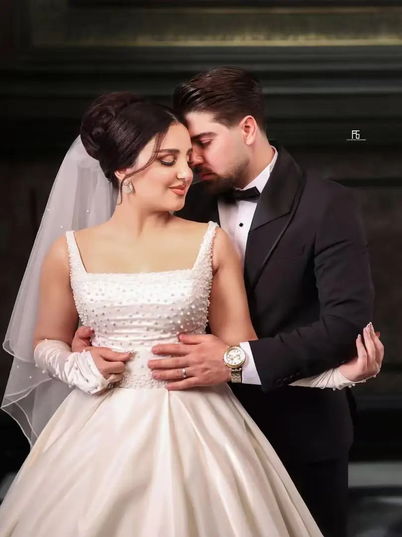 customized Satin Ball Gown Wedding Dress Square Neck with Pearl Bodice and Cathedral Train for Brides amanda novias official