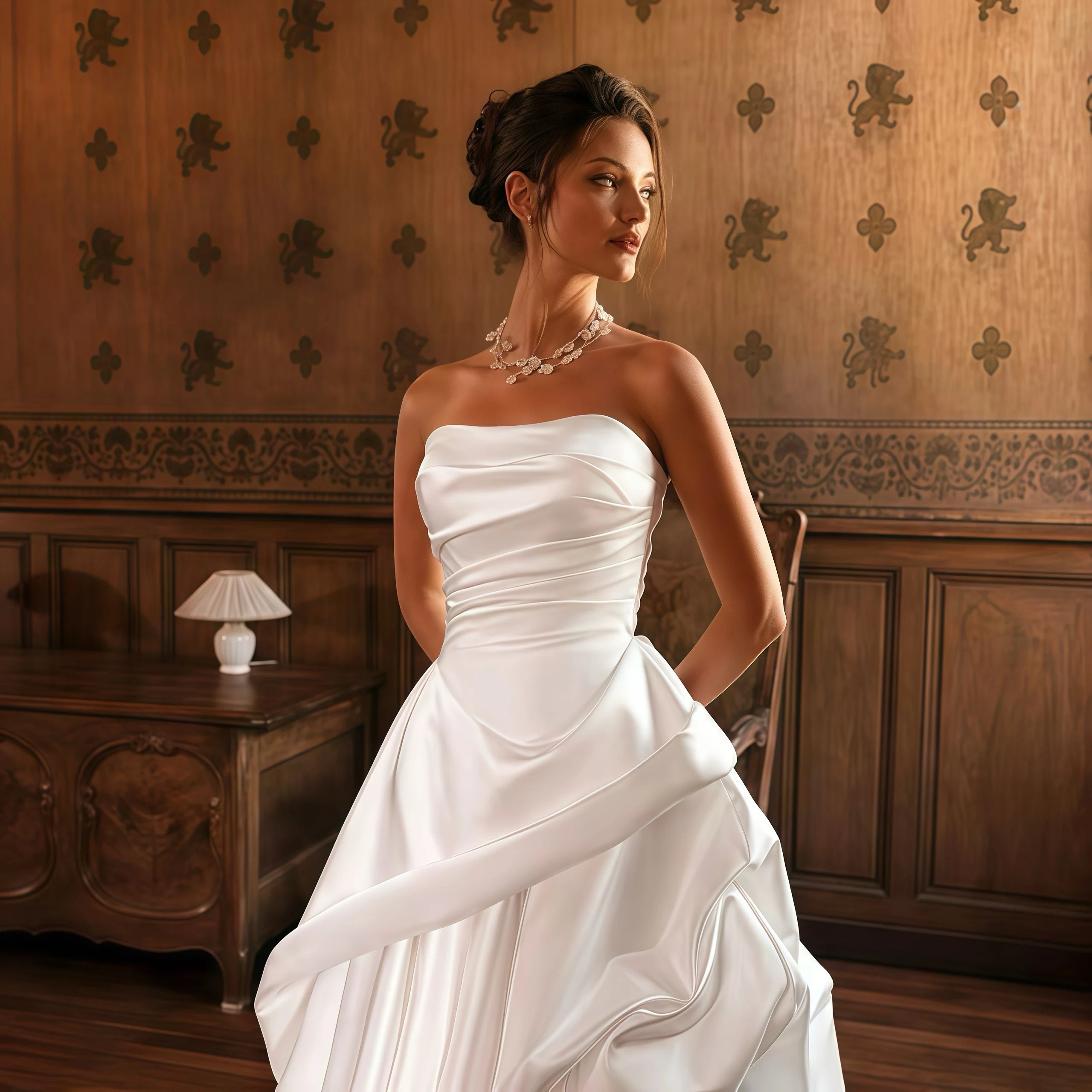 A Line Wedding Dress Customized Strapless Sweetheart Satin Bridal Gown Asymmetrical Ruffle Skirt Custom Train