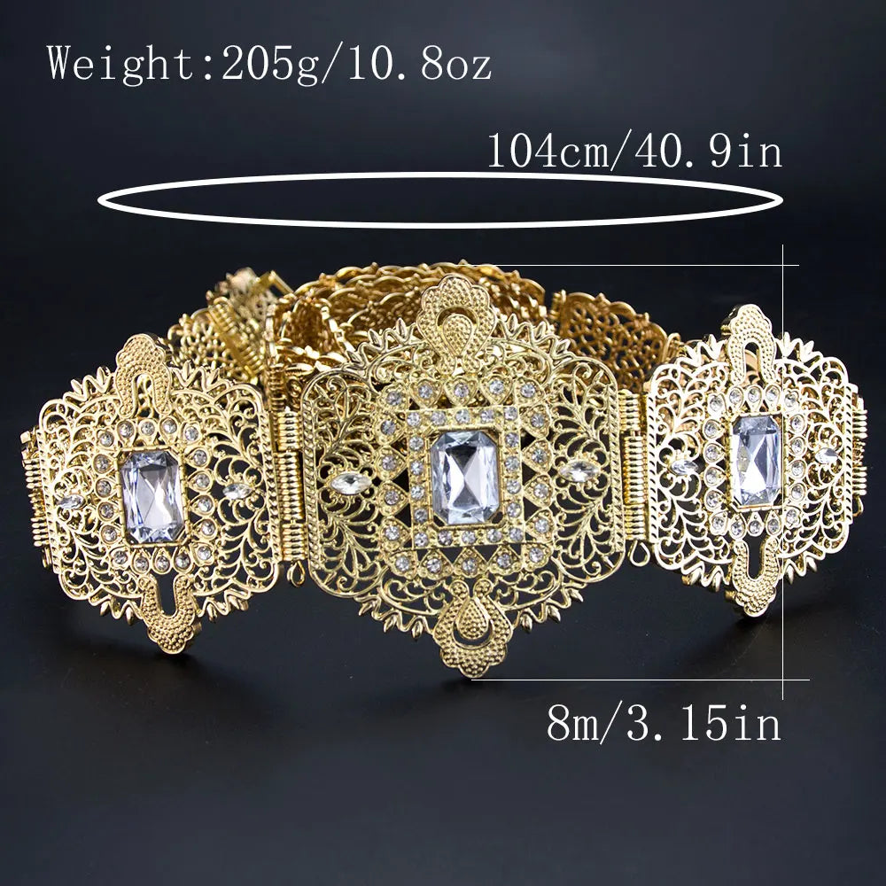 Gold Color Morocco Style Bridal Wedding Belt For Women Crystal Hollow Arabesque Caftan Waist Belt Adjustable Length