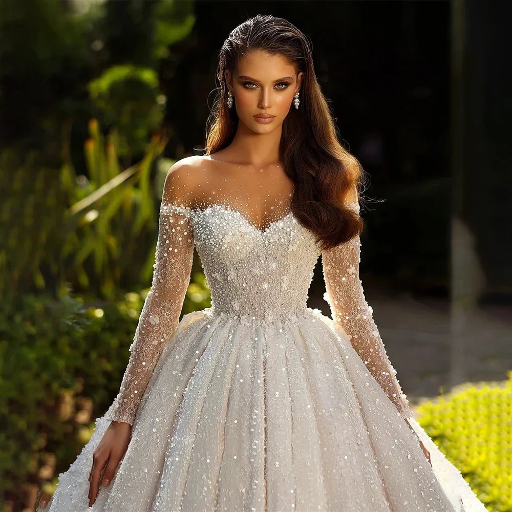 Customized Luxury Glistening A Line Wedding Dress Tulle O-neck Long Sleeve Bead Sequiins Bridal Gown Backless Dresses