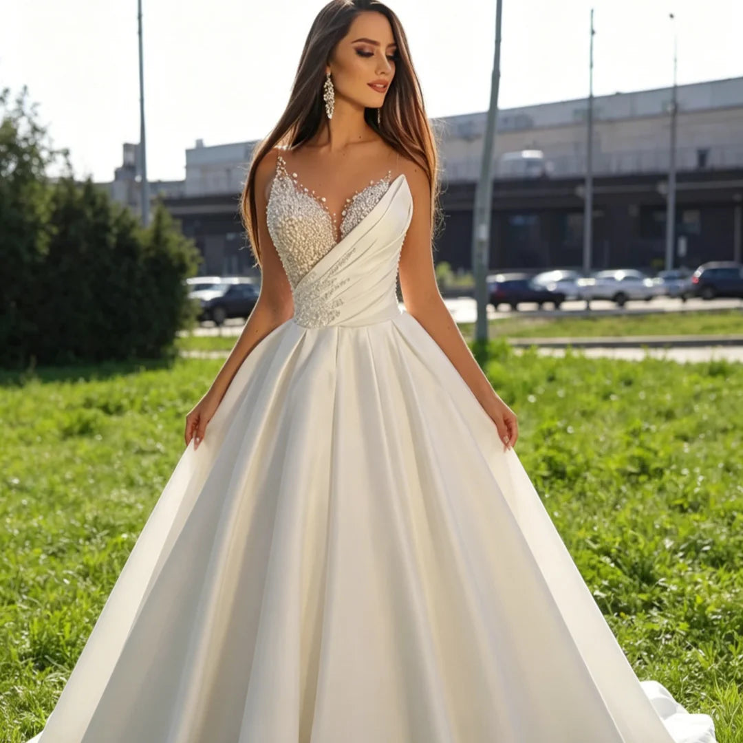 Custom Sweetheart Beaded Satin Ball Gown Wedding Dress Off Shoulder A-Line Bridal Gown with Cathedral Train