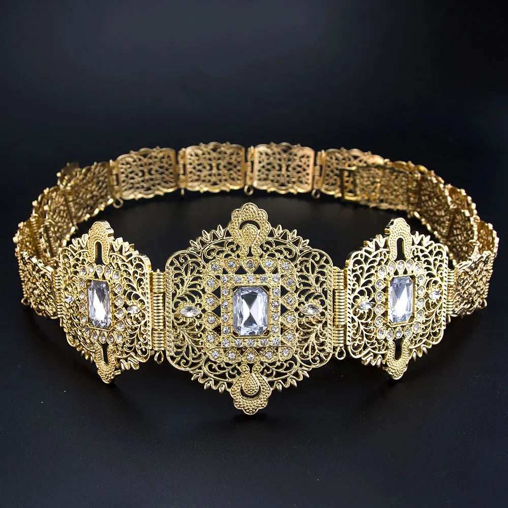 Gold Color Morocco Style Bridal Wedding Belt For Women Crystal Hollow Arabesque Caftan Waist Belt Adjustable Length