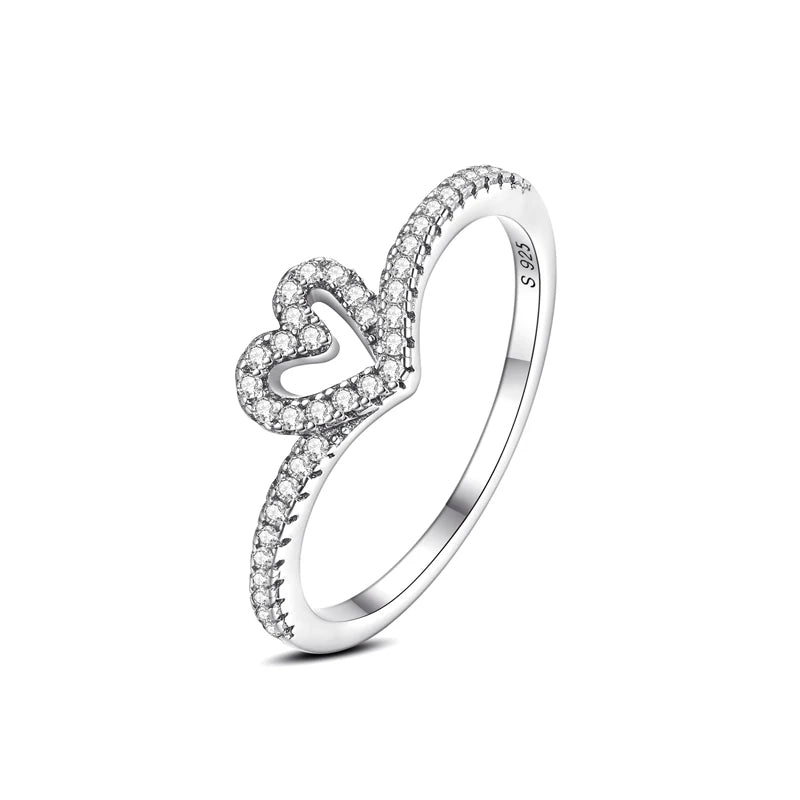 Original 925 Sterling Silver Ring Love Heart Wishbone Moon Sun Rings Crystal Rose Gold For Women Wedding Gift Luxury Jewelry