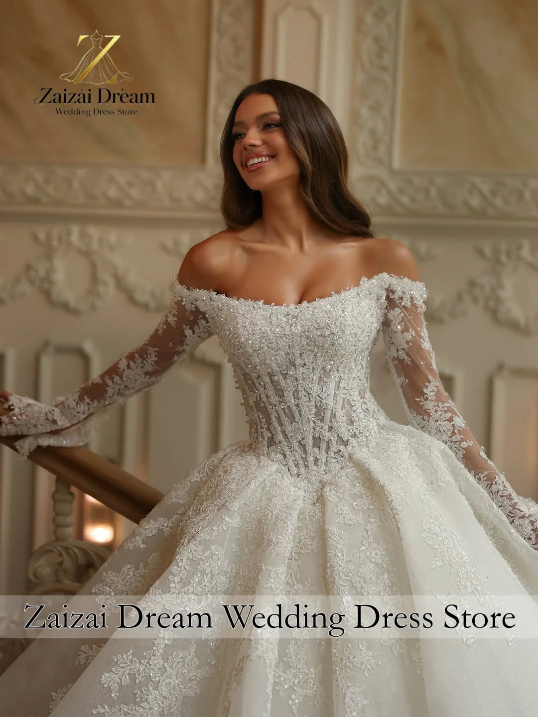 Customzied Luxury Off Shoulder Wedding Dress Long Sleeves Ball Gown Princess Bridal Gown  with Cathedral Train Vestido De Novia