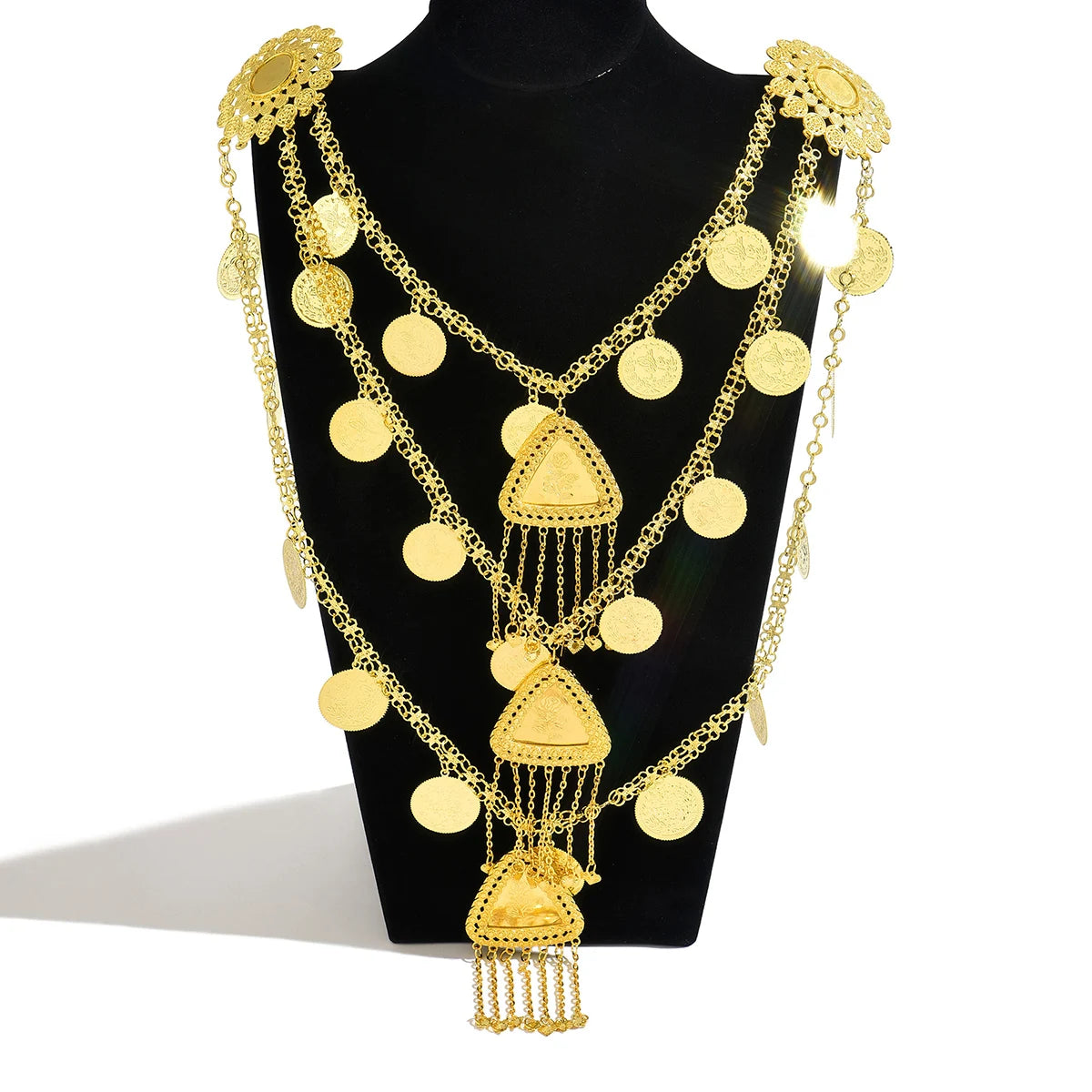 Popular Multi-tier Coin Tassel Ethnic Waist Chain Exquisite Filigree Craft Golden Waist Belt for Women Daily Vacation Festival