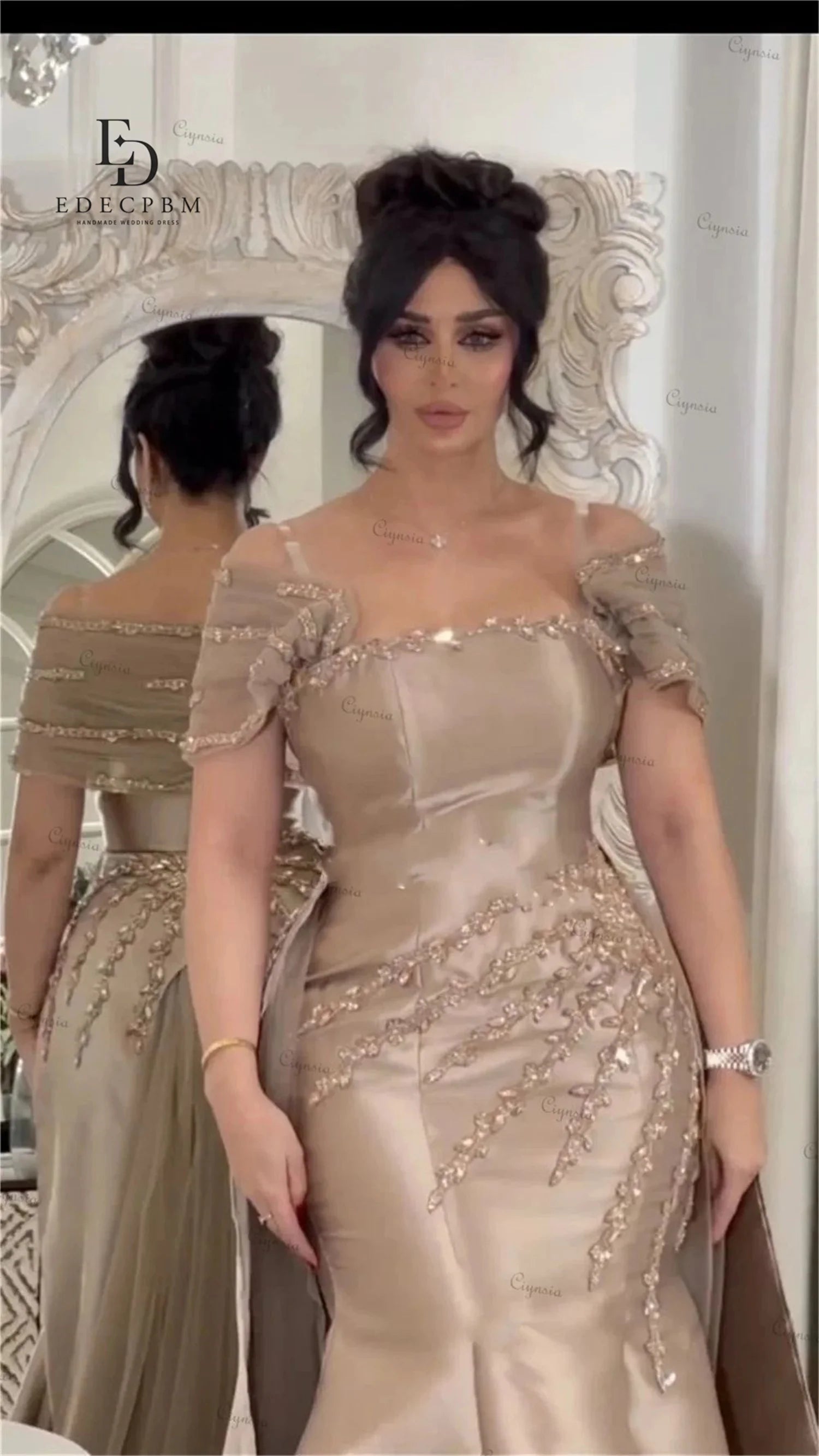 EDECPBM Customized Saudi Women's Evening Dresses for Special Occasions Champagne Satin Prom Dresses 2025 Beads Party Luxurious