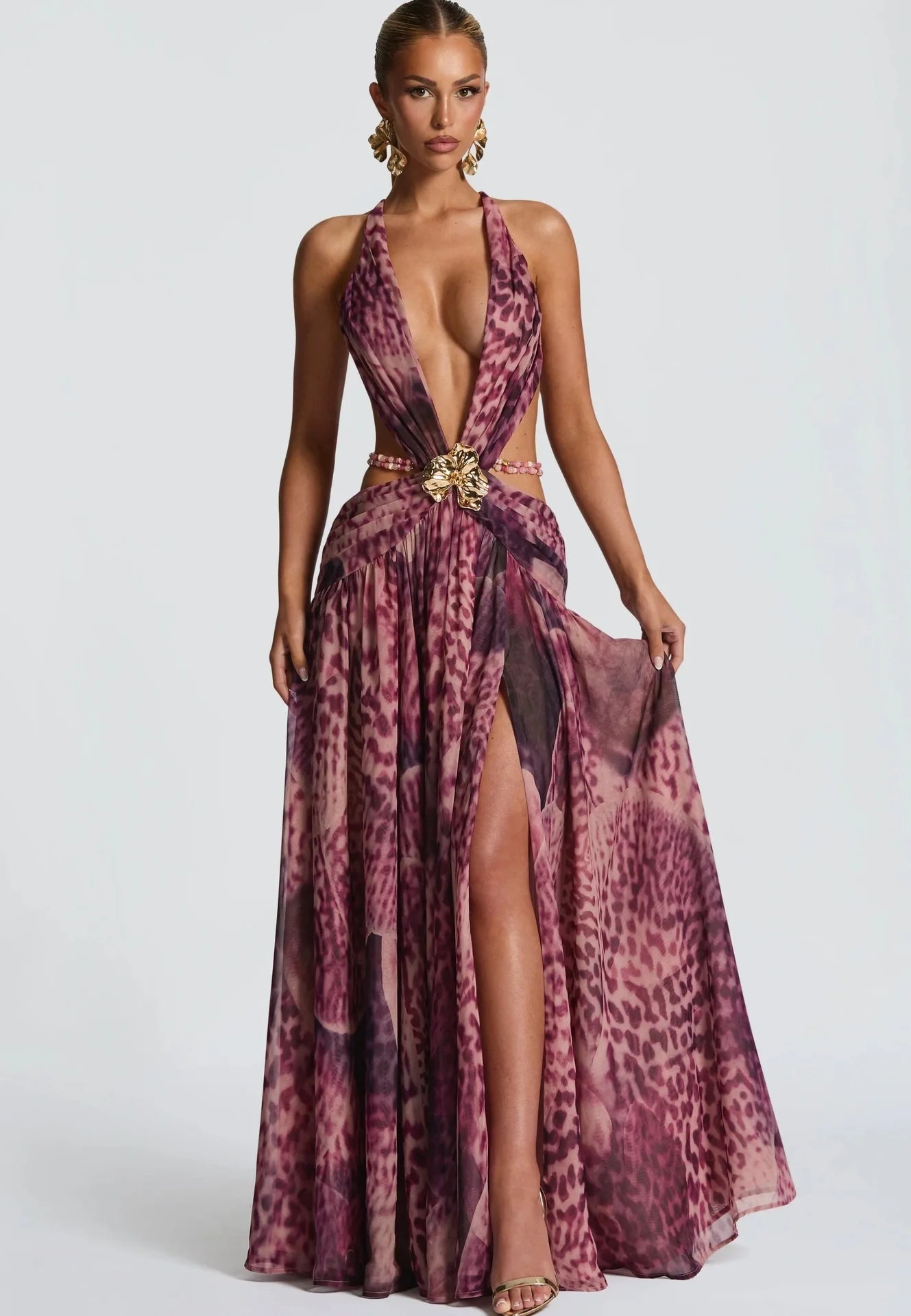 Townlike Leopard A-line Maxi Long Dress Women Halter 2026 Spring Summer Dress Deep V Neck Split Nightclub Sexy Party Dresses