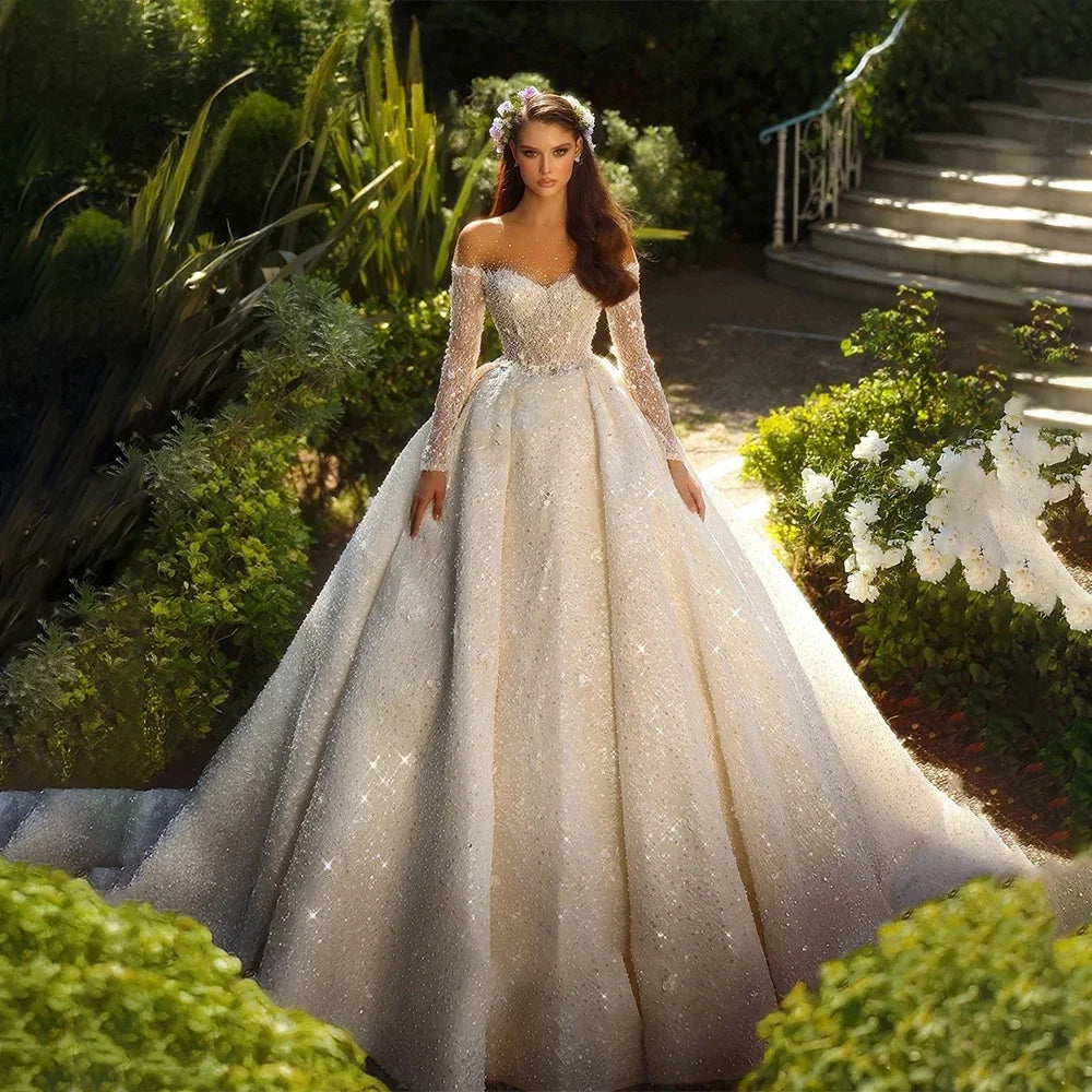 Customized Luxury Glistening A Line Wedding Dress Tulle O-neck Long Sleeve Bead Sequiins Bridal Gown Backless Dresses