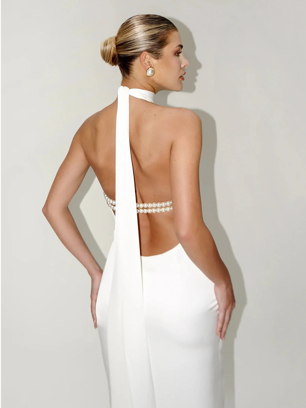 Pearl Chain Halter Maxi Dress