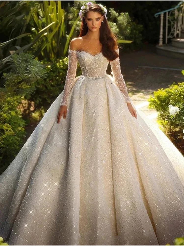 Customized Luxury Glistening A Line Wedding Dress Tulle O-neck Long Sleeve Bead Sequiins Bridal Gown Backless Dresses