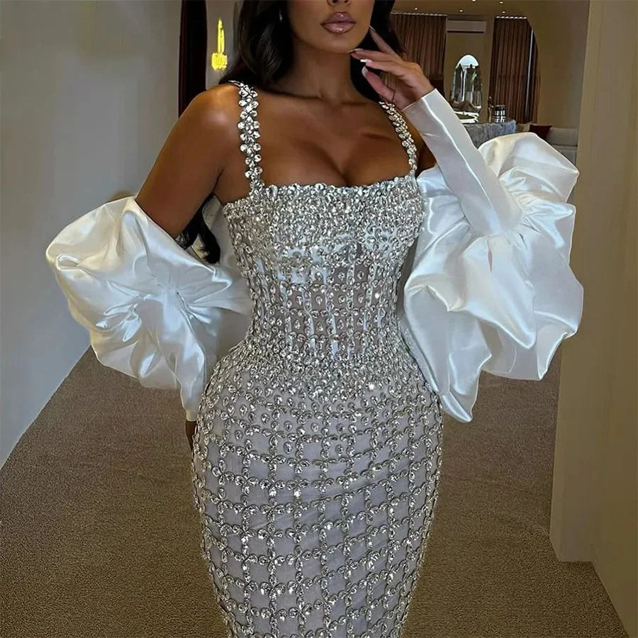 Silver Mermaid Evening Dress Women Beaded Square Neck Puff Sleeve Formal Prom Gown Luxury Party Dresses Floor Length Customized