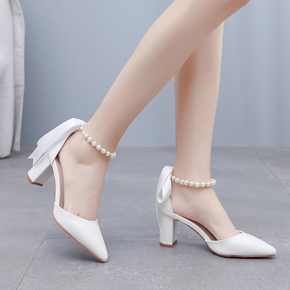 Pearl Ribbon White Heels