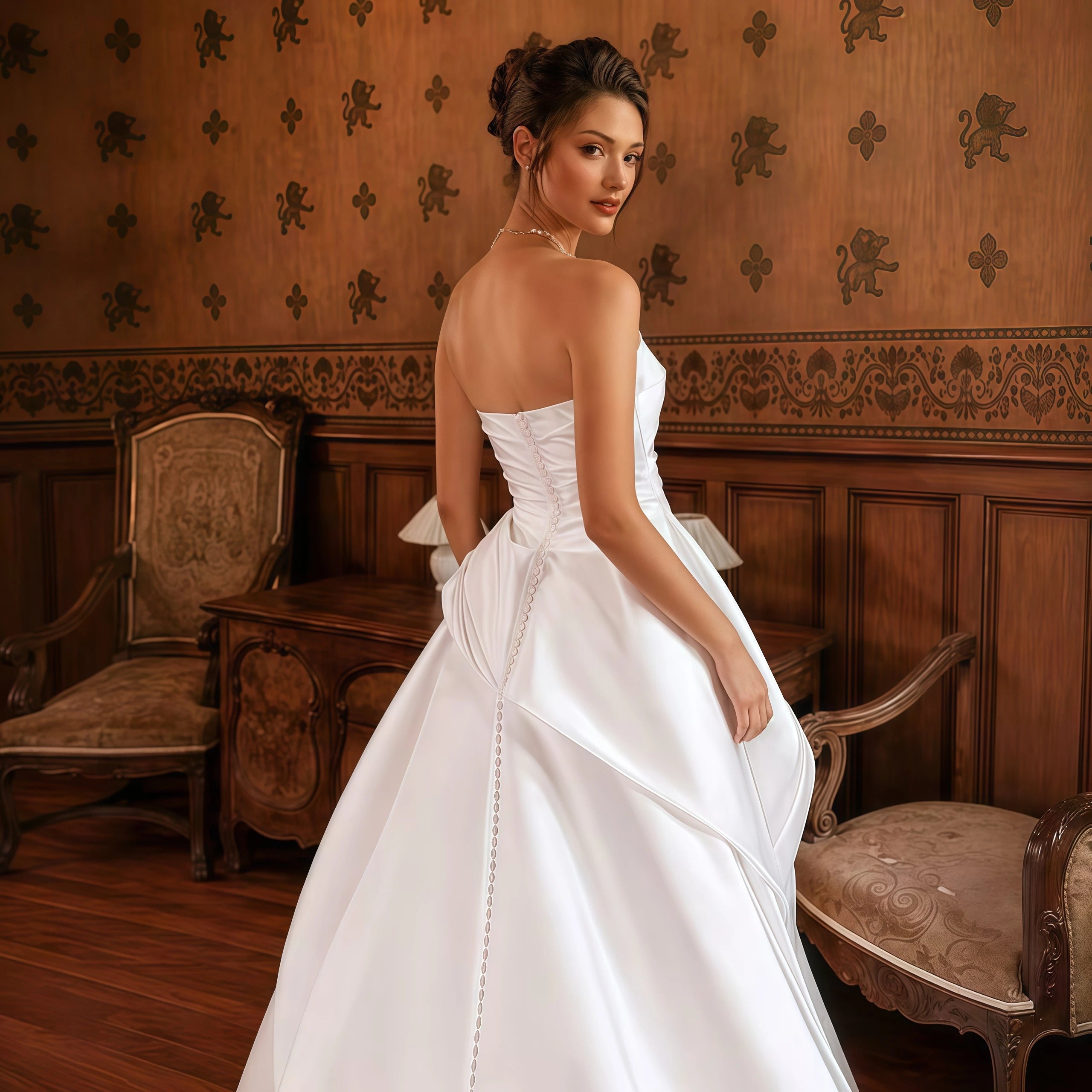 A Line Wedding Dress Customized Strapless Sweetheart Satin Bridal Gown Asymmetrical Ruffle Skirt Custom Train