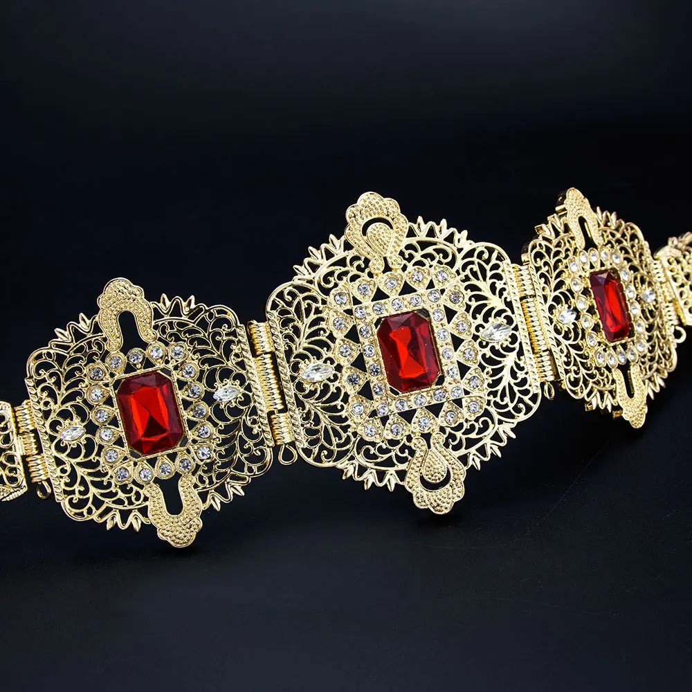 Gold Color Morocco Style Bridal Wedding Belt For Women Crystal Hollow Arabesque Caftan Waist Belt Adjustable Length