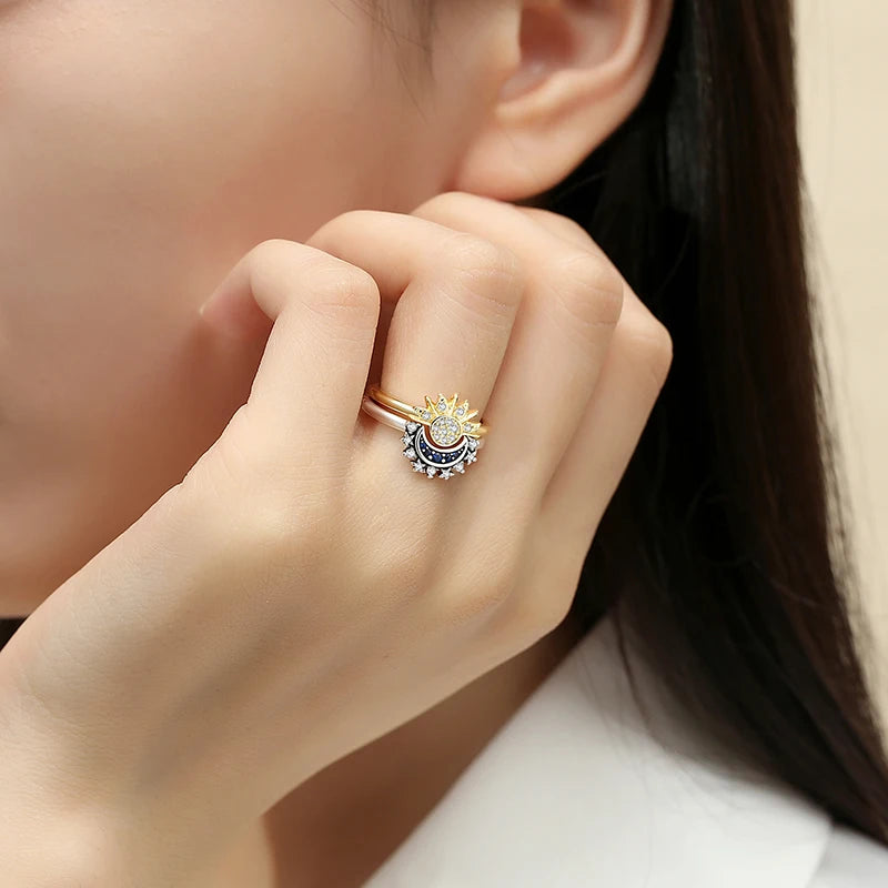 Original 925 Sterling Silver Ring Love Heart Wishbone Moon Sun Rings Crystal Rose Gold For Women Wedding Gift Luxury Jewelry