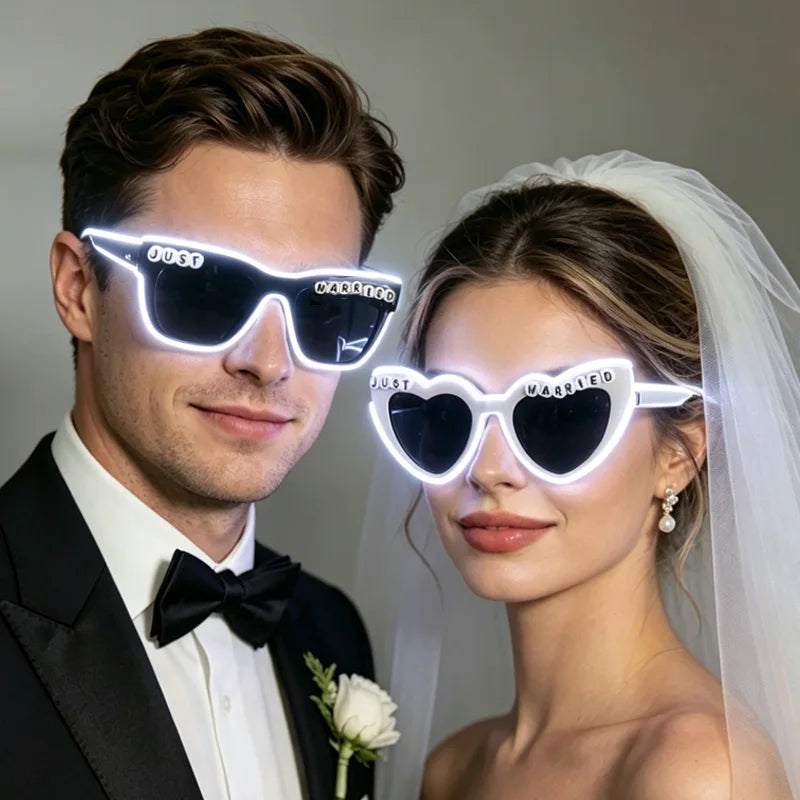 LED Just Married Glasses Wedding Bride To Be Surprise Gift Couple Glasses Souvenirs Glowing Heart Glasses Married Sunglasses