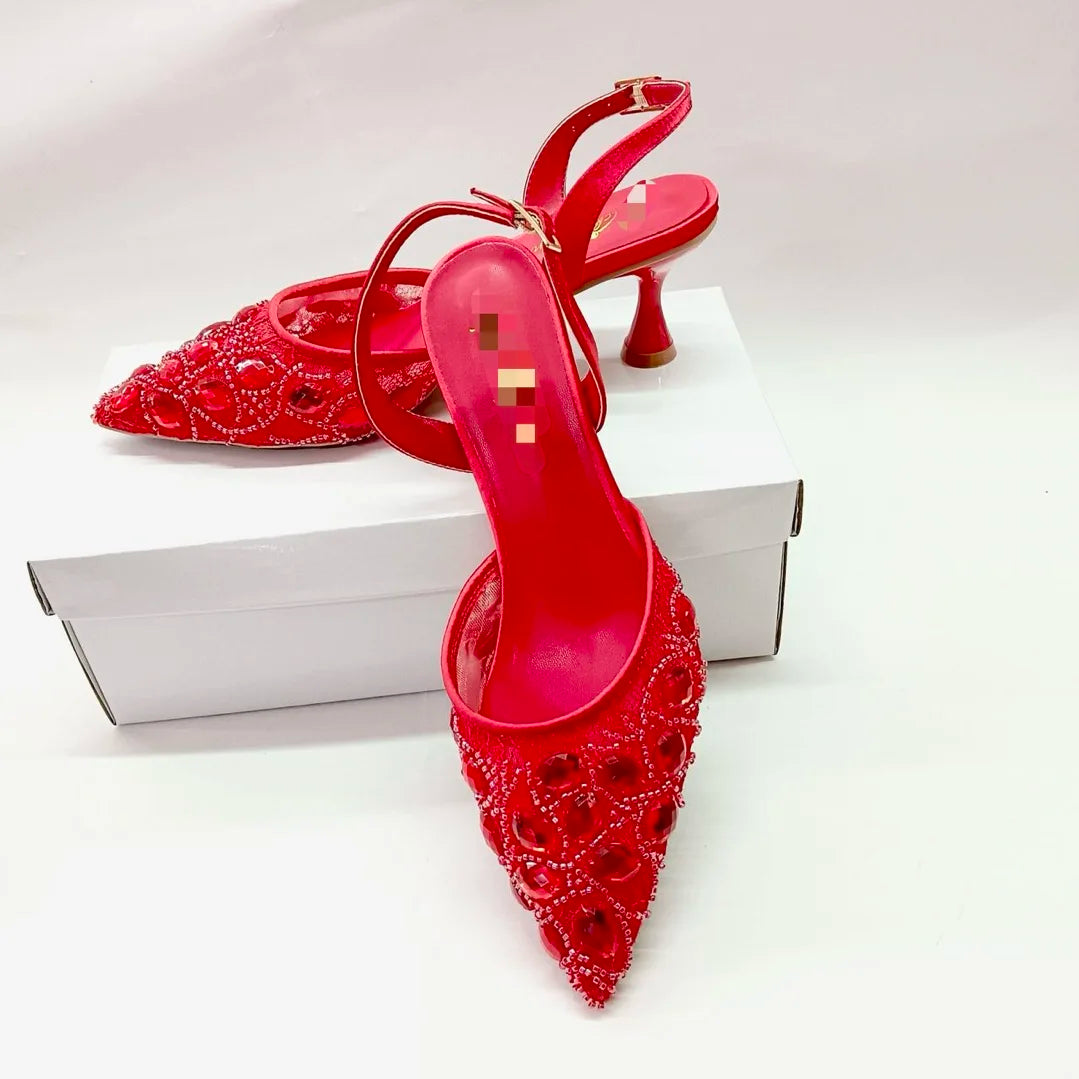 INSIGHTLINK Nigerian Rhinestones Wedding Dress high-heeled Shoes Gold/Blue/Pink/Red Color High Heels stiletto sandals For Party