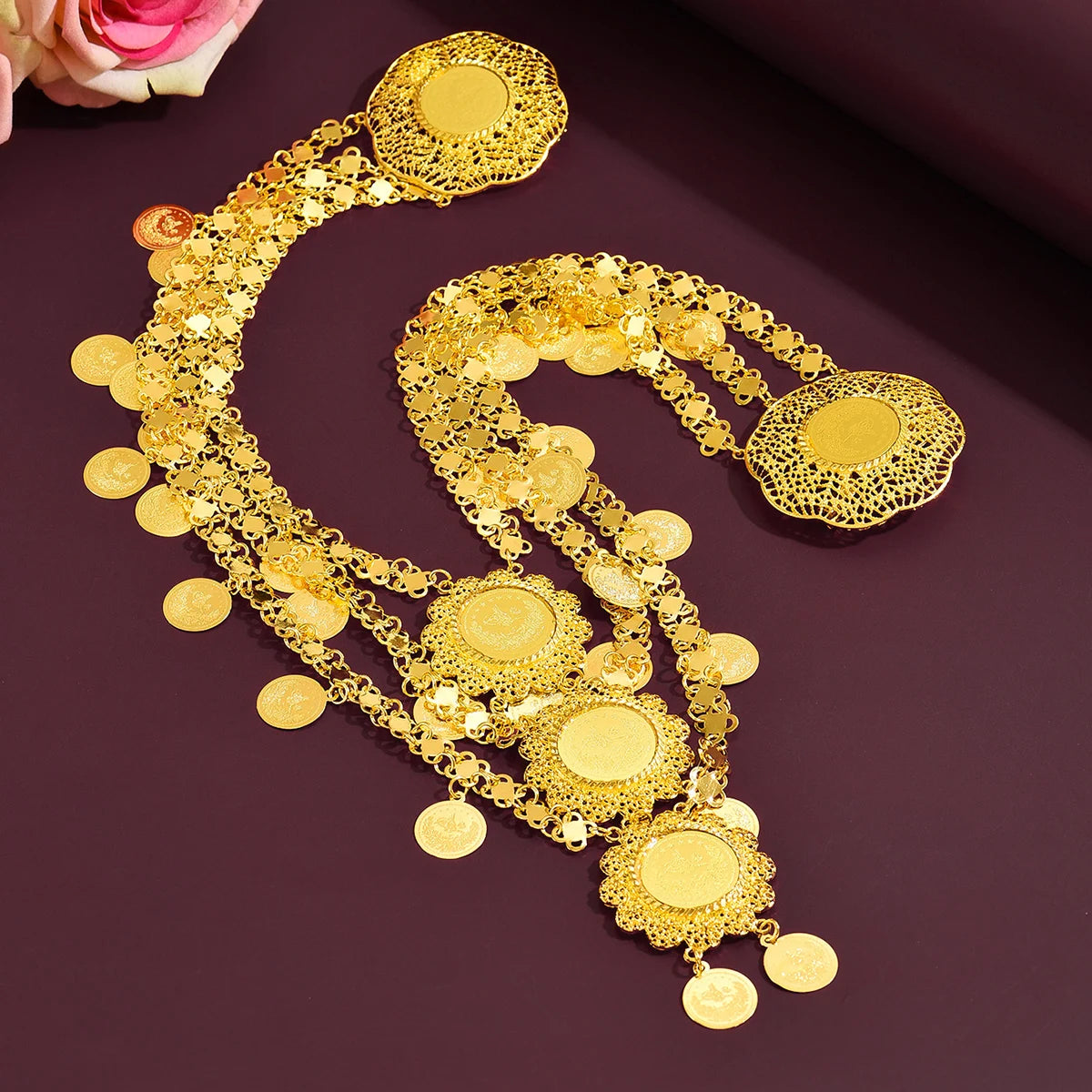 Popular Multi-tier Coin Tassel Ethnic Waist Chain Exquisite Filigree Craft Golden Waist Belt for Women Daily Vacation Festival