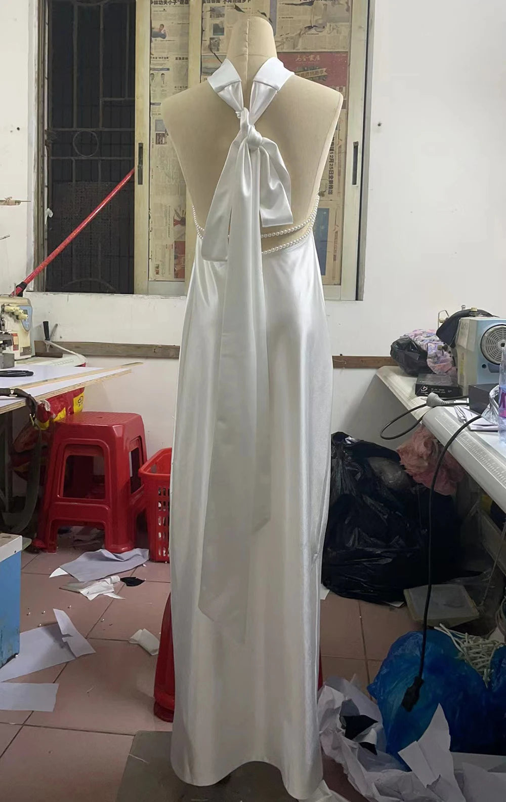 Pearl Chain Halter Maxi Dress