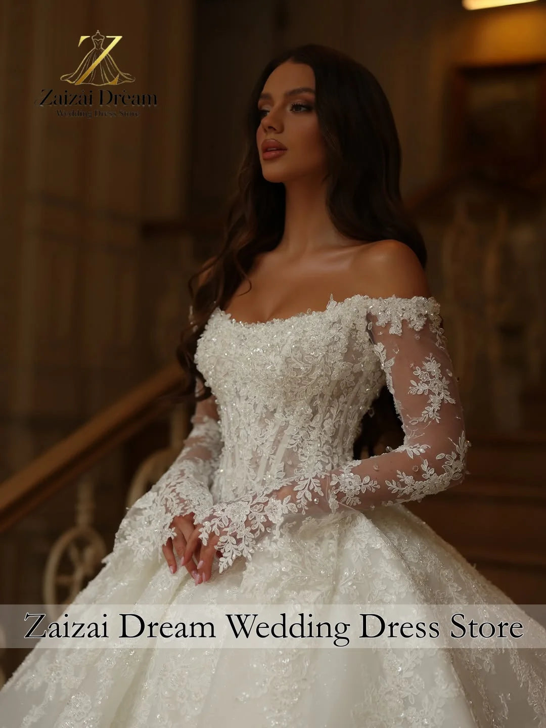 Customzied Luxury Off Shoulder Wedding Dress Long Sleeves Ball Gown Princess Bridal Gown  with Cathedral Train Vestido De Novia
