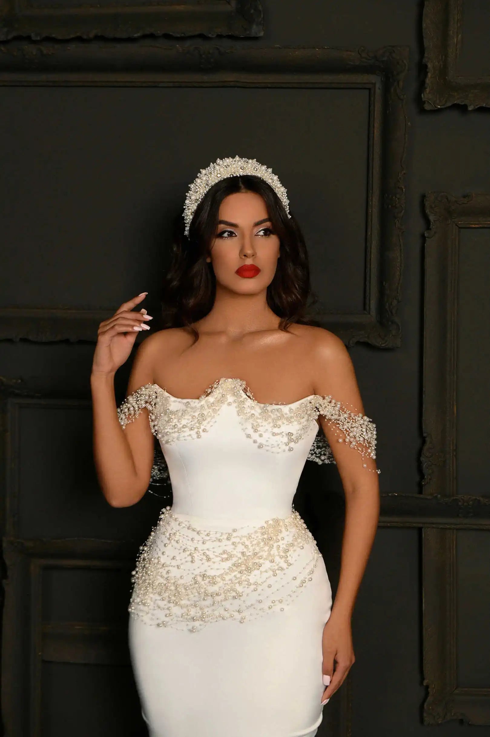 Elegant Off-Shoulder Mermaid Wedding Dress Pearl Bead Satin Bridal Gown for Upscale Indoor Wedding Celebrations Customized