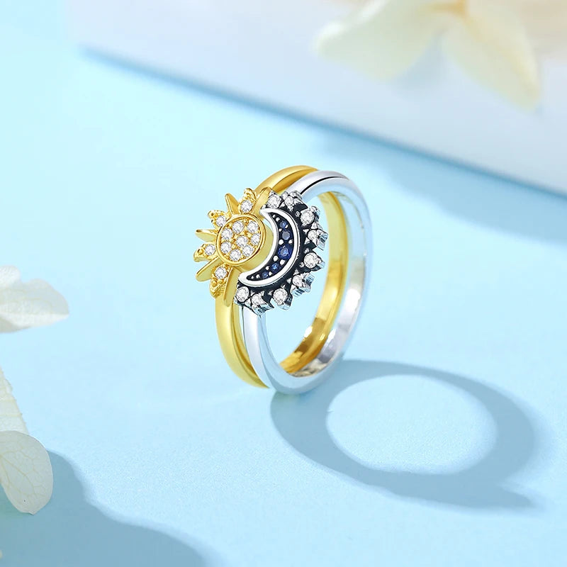 Original 925 Sterling Silver Ring Love Heart Wishbone Moon Sun Rings Crystal Rose Gold For Women Wedding Gift Luxury Jewelry