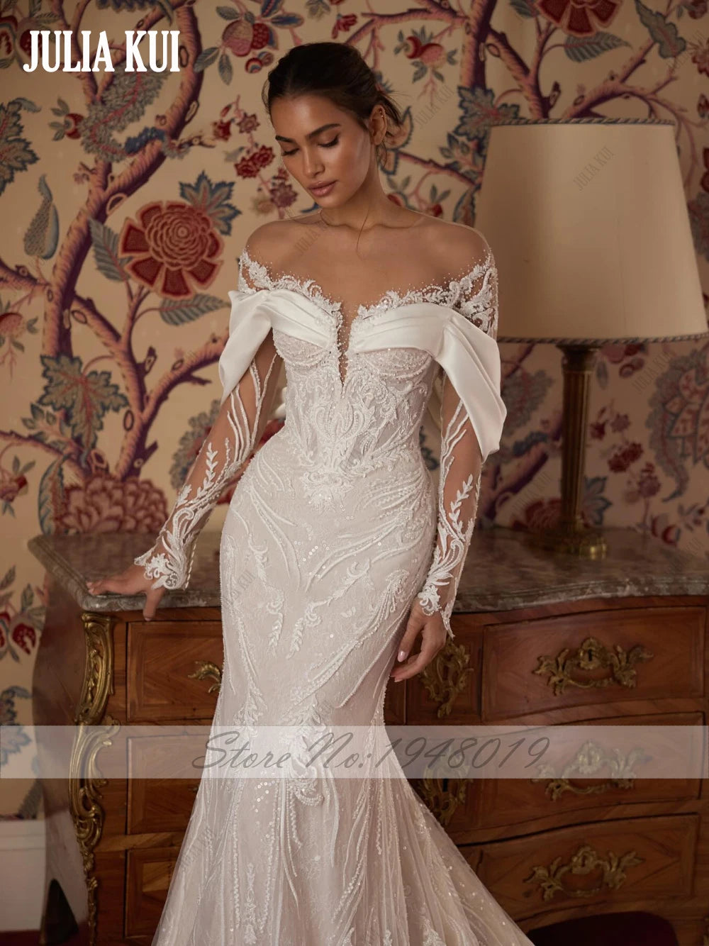 Julia Kui Custom Made Vintage Lace Satin 2 In 1 Mermaid Wedding Dresses Shiny Beaded Pearls Applique Beauty Trumpet Bridal Gowns