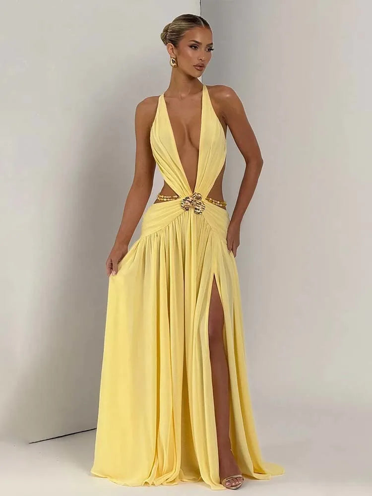 Townlike Leopard A-line Maxi Long Dress Women Halter 2026 Spring Summer Dress Deep V Neck Split Nightclub Sexy Party Dresses