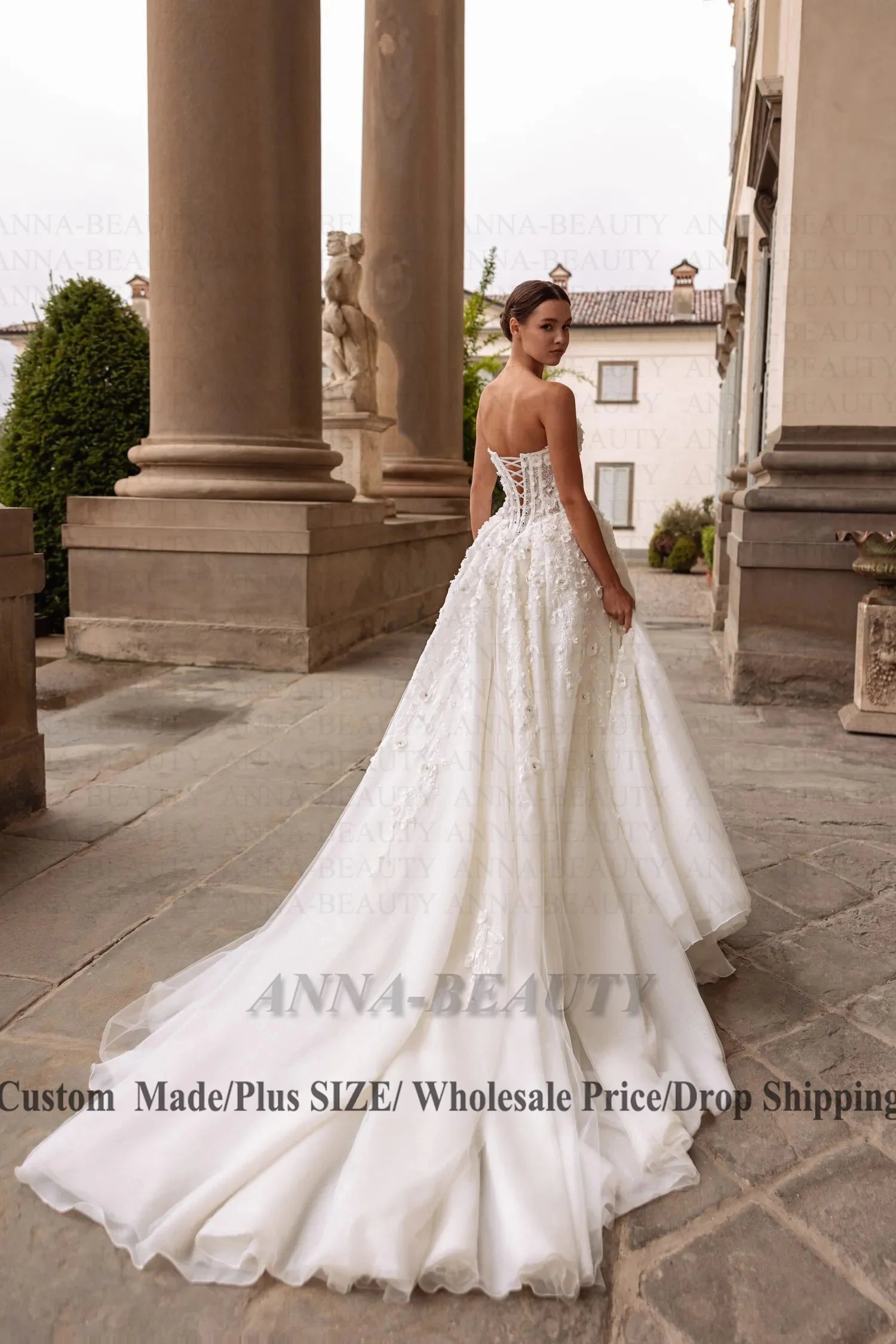 Anna Fancy Sweetheart Wedding Dress for Bride A Line Sleeveless Lacing up 3D Appliques Slit Vestidos Para Mujer Customised