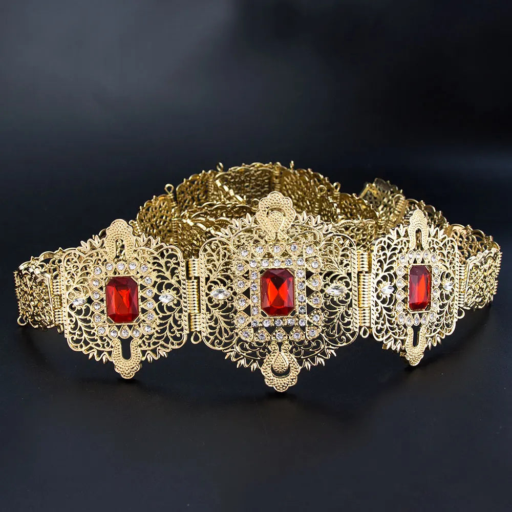 Gold Color Morocco Style Bridal Wedding Belt For Women Crystal Hollow Arabesque Caftan Waist Belt Adjustable Length