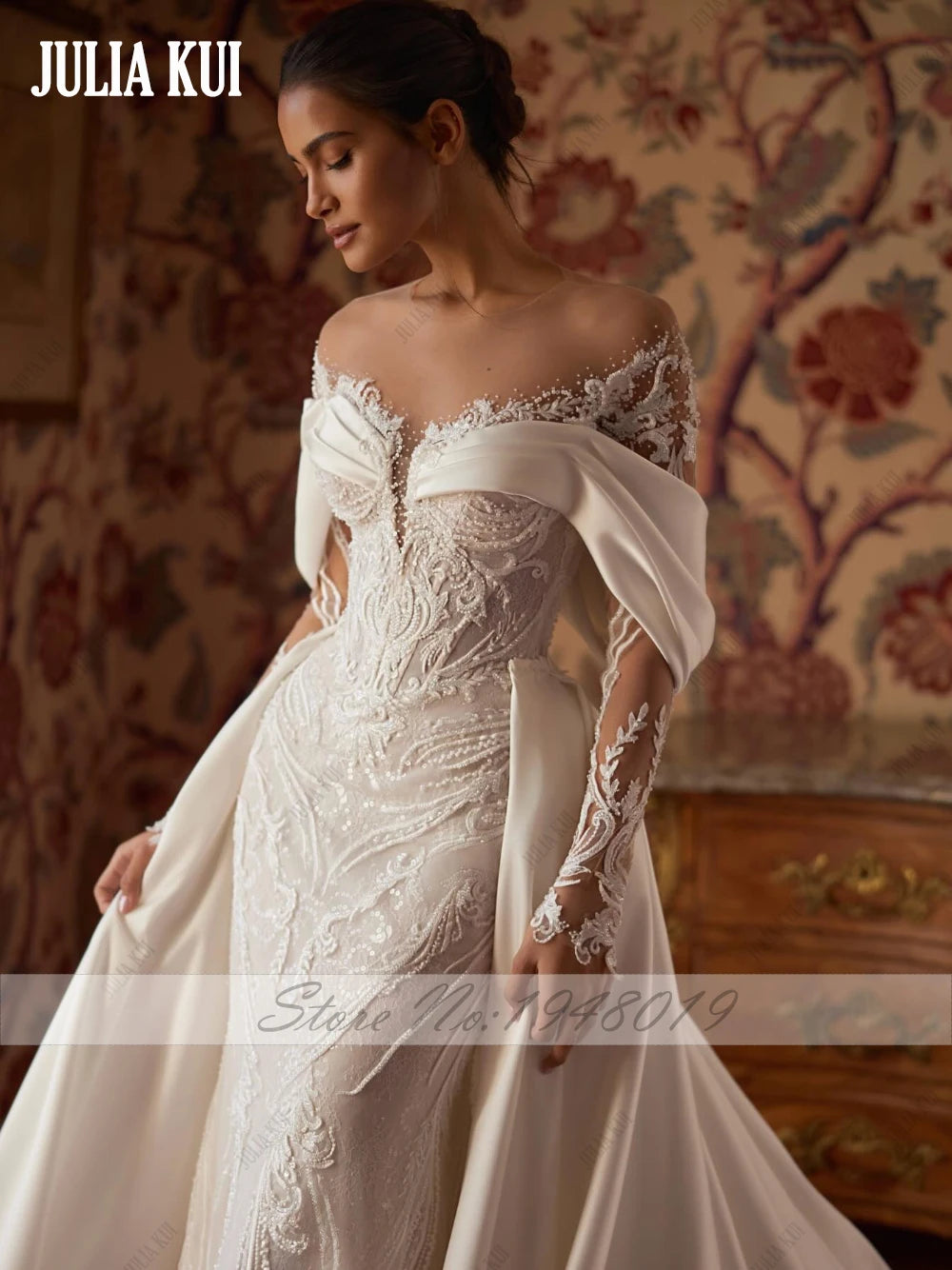 Julia Kui Custom Made Vintage Lace Satin 2 In 1 Mermaid Wedding Dresses Shiny Beaded Pearls Applique Beauty Trumpet Bridal Gowns