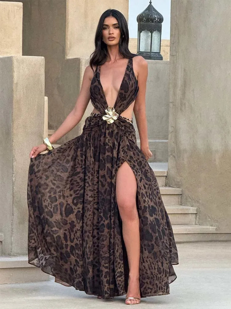 Townlike Leopard A-line Maxi Long Dress Women Halter 2026 Spring Summer Dress Deep V Neck Split Nightclub Sexy Party Dresses