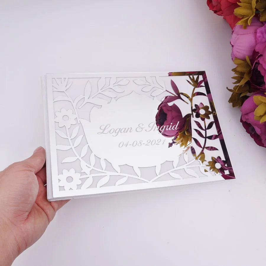 Luxury Hollow Floral Mirror Acrylic Wedding Guest Book Personalized Names & Date Signature Album 25x18cm Custom Wedding Journal
