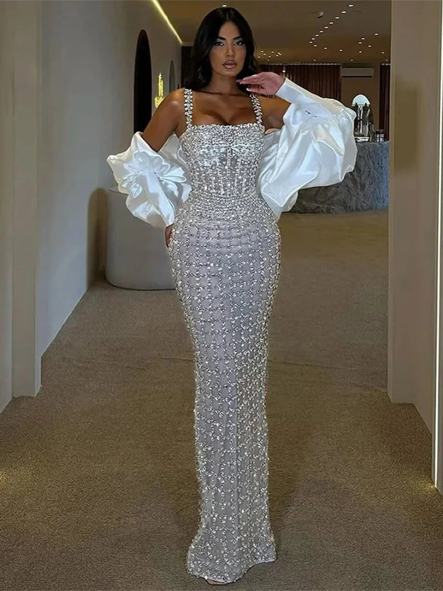 Silver Mermaid Evening Dress Women Beaded Square Neck Puff Sleeve Formal Prom Gown Luxury Party Dresses Floor Length Customized