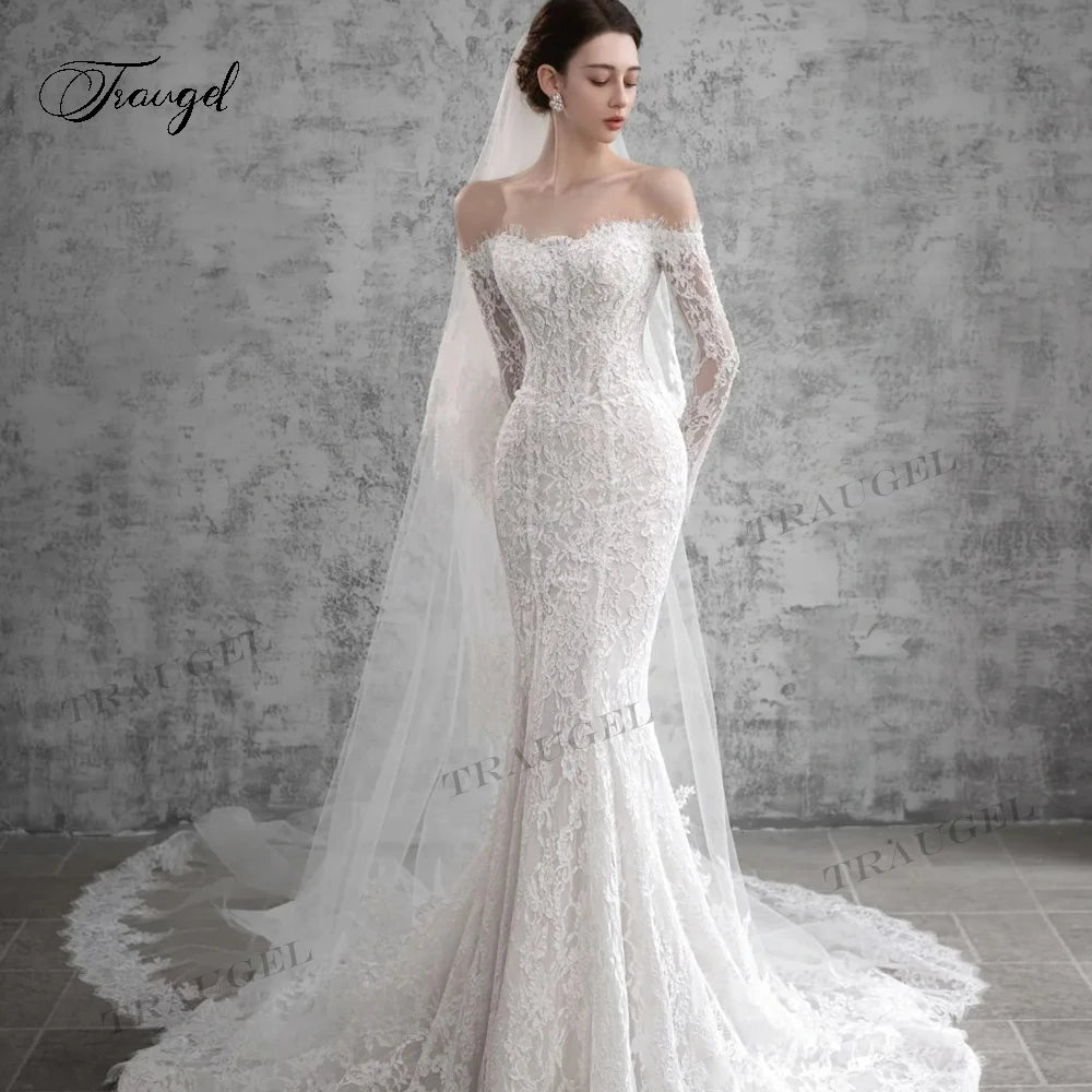 Traugel Elegant Strapless Long Sleeve Lace Mermaid Wedding Dresses Luxury Appliques Beaded Court Train Trumpet Bridal Gown