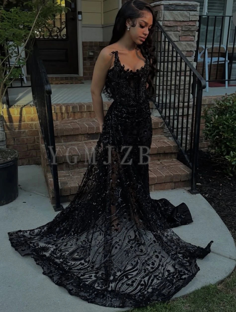 Black Rhinestones Long Prom Dresses Luxury 2026 Mermaid Beaded Lace Corset with Slit African Evening Gowns Birthday Party Dress