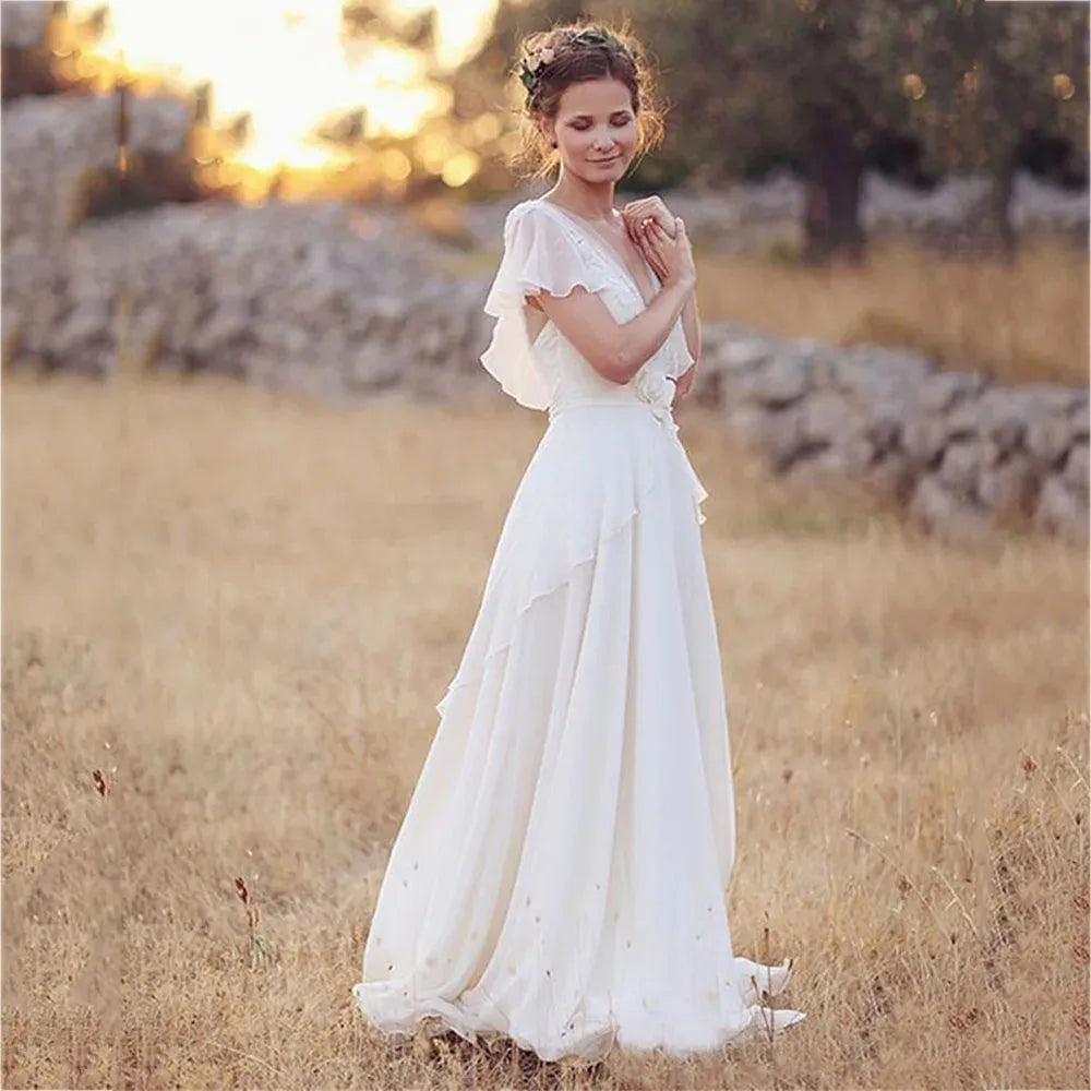 Boho Chiffon Backless Wedding Dress
