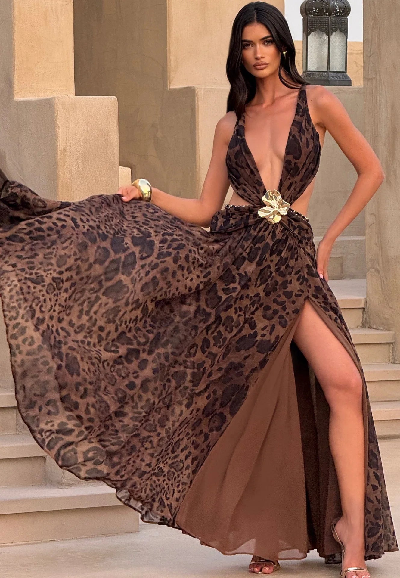 Townlike Leopard A-line Maxi Long Dress Women Halter 2026 Spring Summer Dress Deep V Neck Split Nightclub Sexy Party Dresses