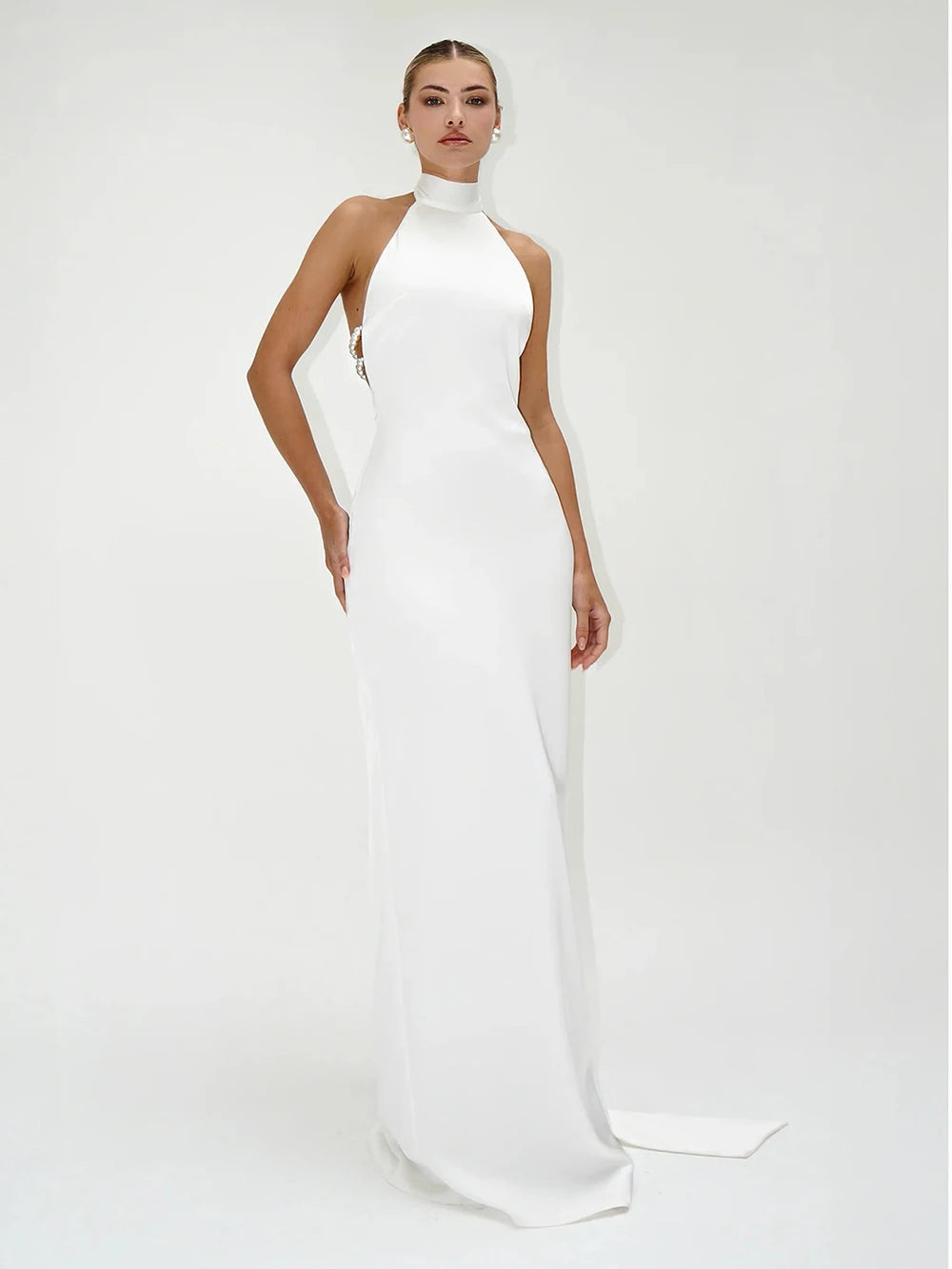 Pearl Chain Halter Maxi Dress
