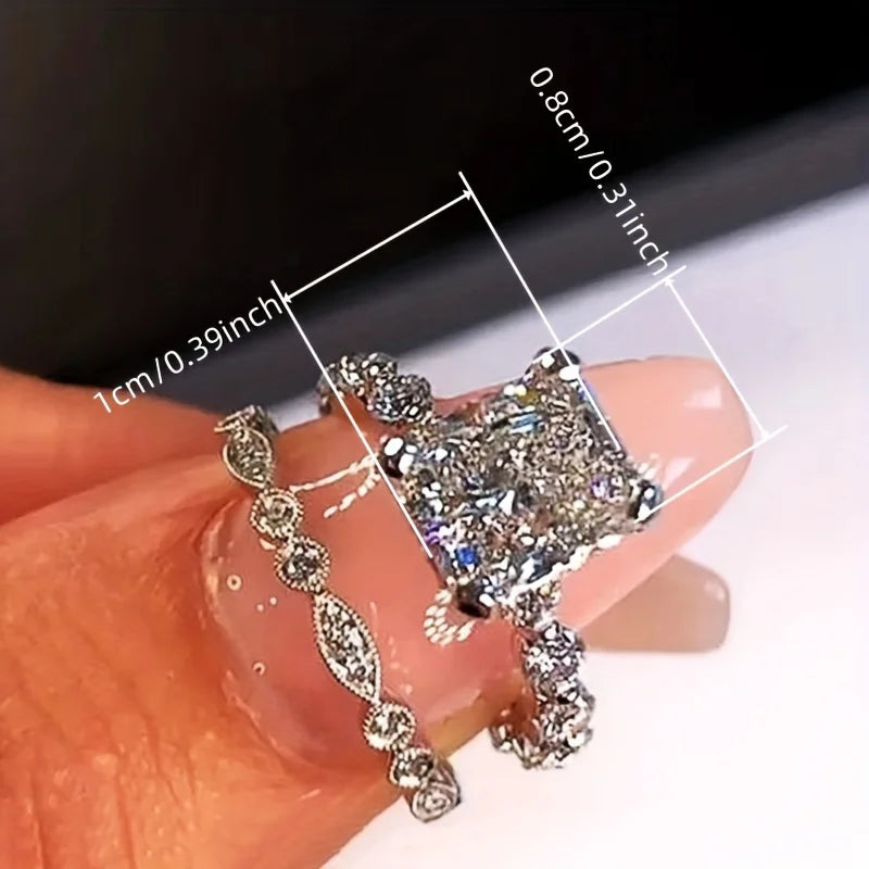 Bling Delicate 2pcs/set Rings Square Cut Shiny Cubic zirconia Rings For Women Bridal Wedding Ring Set Party Banquet Valentine Gift Wedding Engagement Promise Bride eternity Ring Anniversary Ring