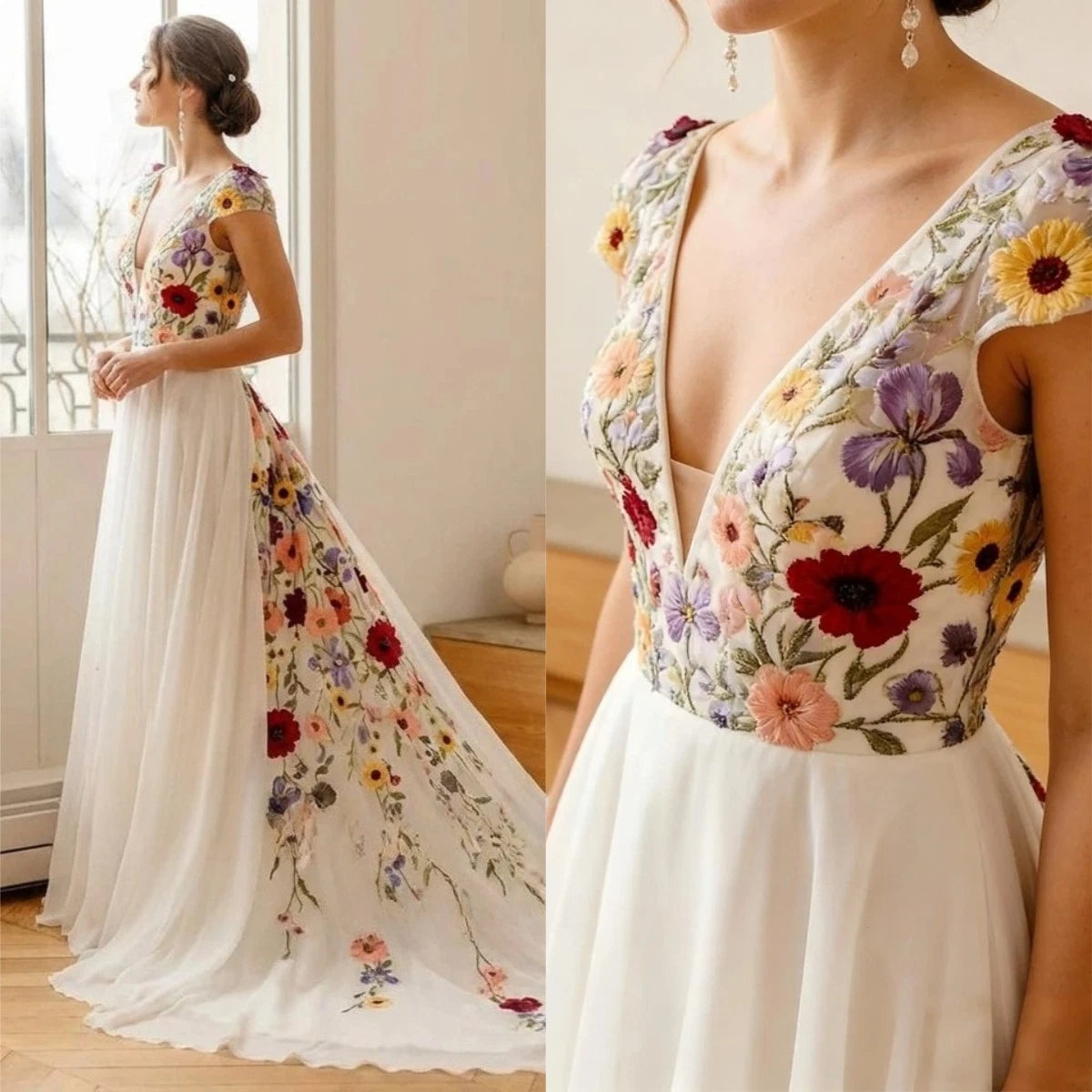 Boho Floral Lace Wedding Dress