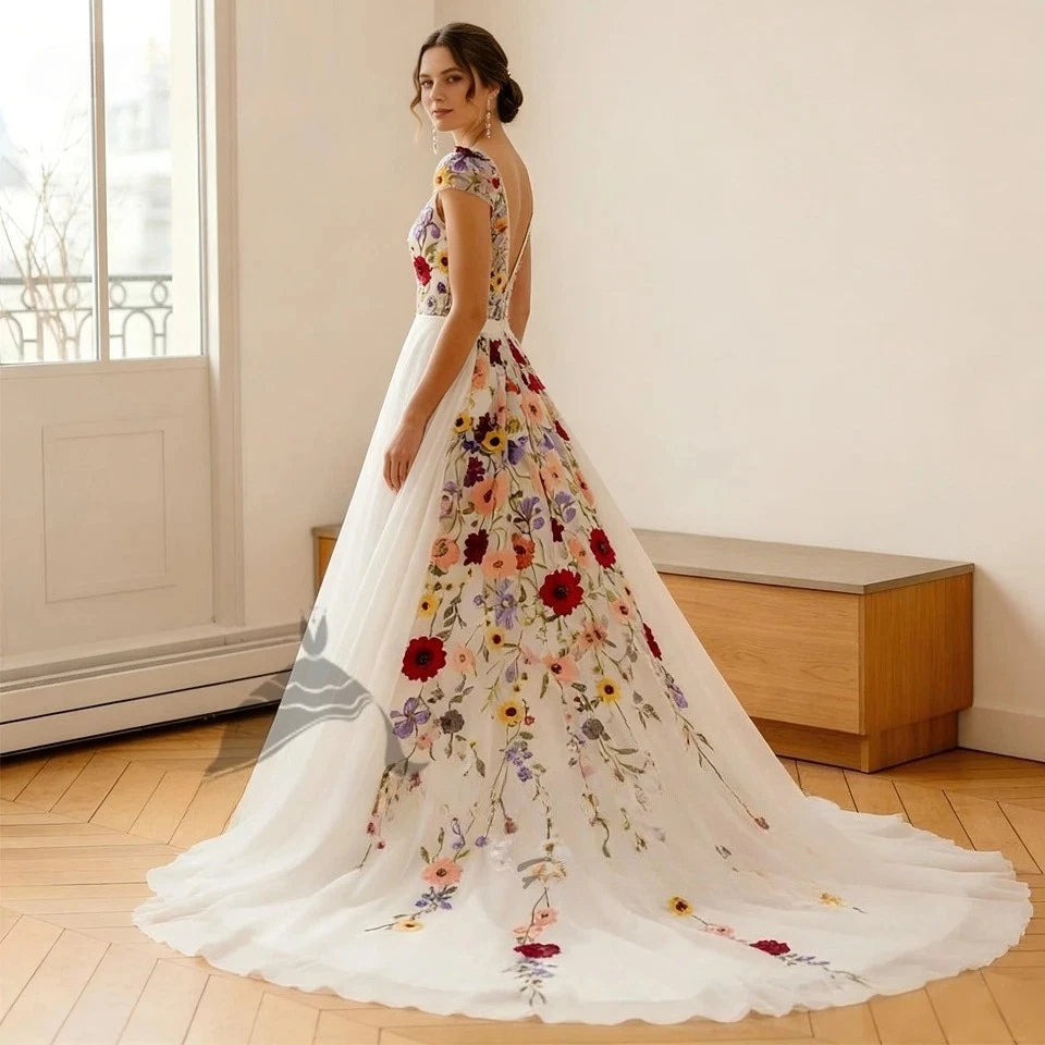 Boho Floral Lace Wedding Dress
