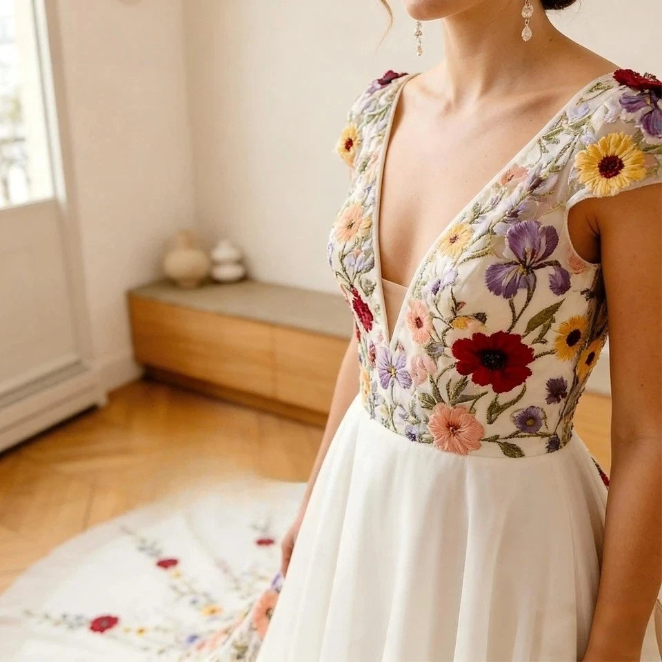 Boho Floral Lace Wedding Dress